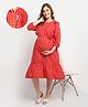 Moms Maternity Woven Three Fourth Puffed Sleeves Checked Maternity Tiered Dress With Side Zipper Nursing Access - Red