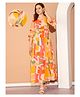 Moms Maternity Cotton Blend Woven Three Fourth Bell Sleevess Abstract Printed Maternity Tiered Dress With Side Zipper Nursing Access - Yellow