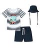 Nautinati Cotton Knit Half Sleeves Striped & Baby Elephant Printed Tee With Shorts & Cap Set - Blue