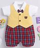 Wonderchild Half Sleeves Bow Applique Detailed & Checked Attached Waistcoat Romper - Mustard & Red