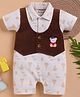 Wonderchild Half Sleeves Boat Printed & Teddy Bear Patch Detailed Romper With Attached Waistcoat - Skin & Brown