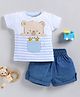Wonderchild Half Sleeves Bear Printed & Placement Striped Tee With Shorts Set - White & Denim