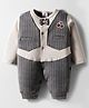 Mini Taurus Interlock Knit Full Sleeves Front Open Party Romper with Bow Applique & Pocket Detailing - Grey