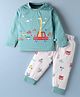 Mini Taurus Sinker Knit Full Sleeves Night Suit with Safari Theme Print - Teal Blue