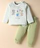 Mini Taurus Sinker Knit Full Sleeves T-shirt & Lounge Pant Set With Stripes & Animal Print - White & Olive Green