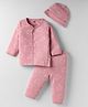 Simply Interlock Knit Full Sleeves Front Open Co-Ord Night Suit with Teddy Print & Cap - Onion Pink