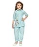 Joy-n-Jolly Woven Three Fourth Sleeves Flora Embroidered & Applique Detailed Kurti & Haram Pant Set - Light Blue
