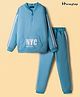 Honeyhap Premium 100% Cotton Terry Drop Shoulder Full Sleeves Winter Wear T-Shirt & Lounge Pant Set With Bio Finish & Text Print - Light Blue