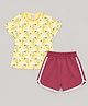 Hrit Cotton Knit Half Sleeves Flamingo Printed Top & Shorts Set - Yellow & Purple