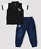 Kiwi Cotton Knit Half Sleeves Zebra Printed Polo Tee & Jeans Set - Black & Blue