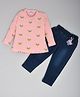 Kiwi Cotton Knit Full Sleeves Rainbow Printed Top & Washed Jeans With Key Chain - Pink & Blue