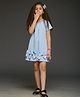 KIDSDEW Looper Knit Half Sleeves Bow Applique Detailed Dress - Blue