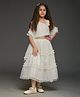KIDSDEW Net Woven Sleeveless Floral Applique Detailed Tiered Lehenga Choli With Dupatta Set - White