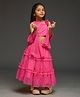 KIDSDEW Net Woven Sleeveless Floral Applique Detailed Tiered Lehenga Choli With Dupatta Set - Fuchsia