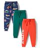 Babyhug Cotton Knit Full Length Lounge Pants with Sport Theme Tape Detailing & Athletic Text Print Pack of 3 - Navy Blue Orange & Dark Green