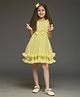 KIDSDEW Net Woven Frill Sleeves Shimmered Bow Applique Detailed Layered Dress - Yellow