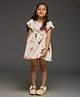 KIDSDEW Satin Woven Half Puffed Sleeves Floral Printed Bow Applique Detailed Dress - Off White