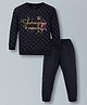 Plum Tree 100% Cotton Knit Full Sleeves Shinning Moments Glitter Text Printed Tee With Joggers Set - Midnight Blue