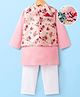 Saka Designs Cotton Woven Full Sleeves Kurta Pyjama Set with Floral Print Nehru Jacket - Pink & White