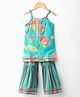 Saka Designs Cotton Woven Sleeveless Kurti Gharara Set with Floral Print & Lace Detailing - Aqua Blue