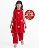 EARTHY TOUCH Woven Sleeveless Halter Neck Kurti Churidar Set with Dupatta Floral Embroidery & Sequin Detailing - Red
