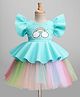 Enfance Half Flutter Sleeves Rainbow Patch Detailed & Sequins Embellished Knee Length Layered Dress - Pista