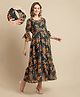 Moms Maternity Georgette Woven Three Fourth Bell Sleeves Leaves Printed Maternity Tiered Dress With Side Zipper Nursing Access - Teal Green
