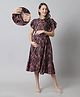 Moms Maternity Woven Flutter Sleevess Floral Printed Maternity Tiered Dress With Side Zipper Nursing Access - Navy Blue