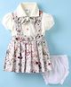 Mom's pet Cotton Knit Floral Printed Pinafore Dress With Half Puffed Sleeves Bow Applique Detailed Top & Bloomer - White