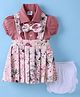 Mom's pet Cotton Knit Floral Printed Pinafore Dress With Half Puffed Sleeves Bow Applique Detailed Top & Bloomer Set - Rust Orange