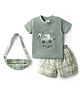 Mom's pet Cotton Knit Half Sleeves Car Patch Embroidered Tee & Checked Shorts With Sling Bag Set - Green