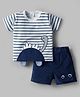 Mom's pet Cotton Knit Half Sleeves Striped & Dino Embroidered Tee With Shorts Set - Blue
