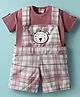 Mom's pet Cotton Knit Checked Bear Embroidered Dungaree With Half Sleeves Tee - Dark Pink