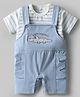 Mom's pet Cotton Knit Smiling Crocodile Embroidered Dungaree With Half Sleeves Striped Tee - Blue