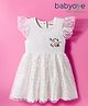 Babyoye 100% Cotton Interlock Woven Half Sleeves Party Dresses with Floral Embroidery - Offwhite