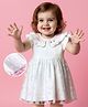 Babyoye 100% Cotton Interlock Woven Half Sleeves Party Dress with Frill & Lace Detailing & Floral Embroidery - White