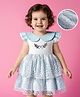 Babyoye 100% Cotton Interlock Woven Frill Sleeves Party Dress with Floral Embroidery - Light Blue
