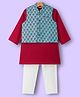 Exclusive from Jaipur Cotton Woven Full Sleeves Kurta Pajama Set with Floral Printed Jacket - Light Blue & Red