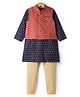 Exclusive from Jaipur Cotton Woven Full Sleeves Kurta Pajama & Jacket Set With Floral Print - Navy Blue & Red