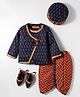Exclusive from Jaipur Cotton Woven Full Sleeves Kurta Dhoti Set with Floral Print Booties & Cap - Navy Blue & Rust Orange