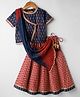Exclusive from Jaipur Cotton Woven Half Sleeves Choli Lehenga Set with Dupatta & Floral Print - Navy Blue & Red