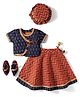 Exclusive from Jaipur Cotton Woven Half Sleeves Floral Printed Choli Lehenga Set With Cap & Booties - Navy Blue