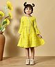 MoMaa Cotton Woven Three Fourth Bell Sleeves Floral Motifs Printed Dress - Lime Yellow