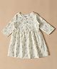 MoMaa Cotton Woven Three Fourth Sleeves Floral Printed Dress - Off White