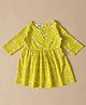 MoMaa Cotton Woven Three Fourth Sleeves Floral Motifs Printed Dress - Yellow