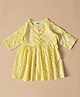 MoMaa Cotton Woven Three Fourth Sleeves Chevron Printed Dress - White & Yellow