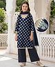 EARTHY TOUCH Single Jersey Knit Three Fourth Sleeves Kurti Salwar Set with Dupatta & Motif Glitter Print - Navy Blue