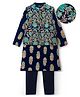 EARTHY TOUCH Single Jersey Full Sleeves Kurta Pyjama Set With Nehru Jacket & Foil Floral Print - Navy Blue