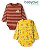 Babyoye 100% Cotton Interlock Knit with Eco Jiva Finish Full Sleeves Onesies with Stripes & Animal Farm Print Pack of 2 - Yellow & Brown