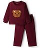 Kanvin Knit Full Sleeves Antipilling Polar Winter Wear T-Shirt & Lounge Pant With Animal Embriodery - Maroon